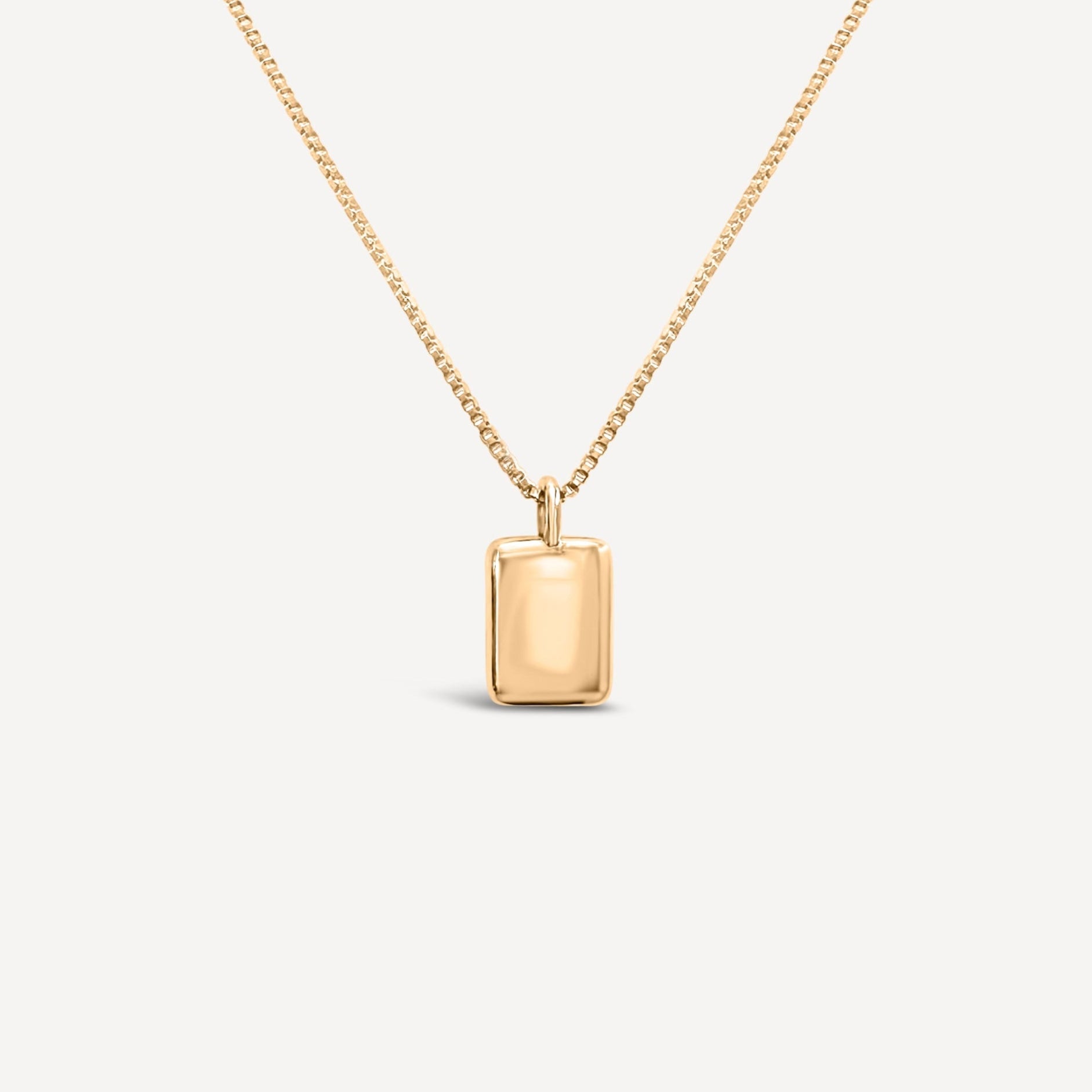 Rectangle gold charm necklace round box chain solid 14k gold