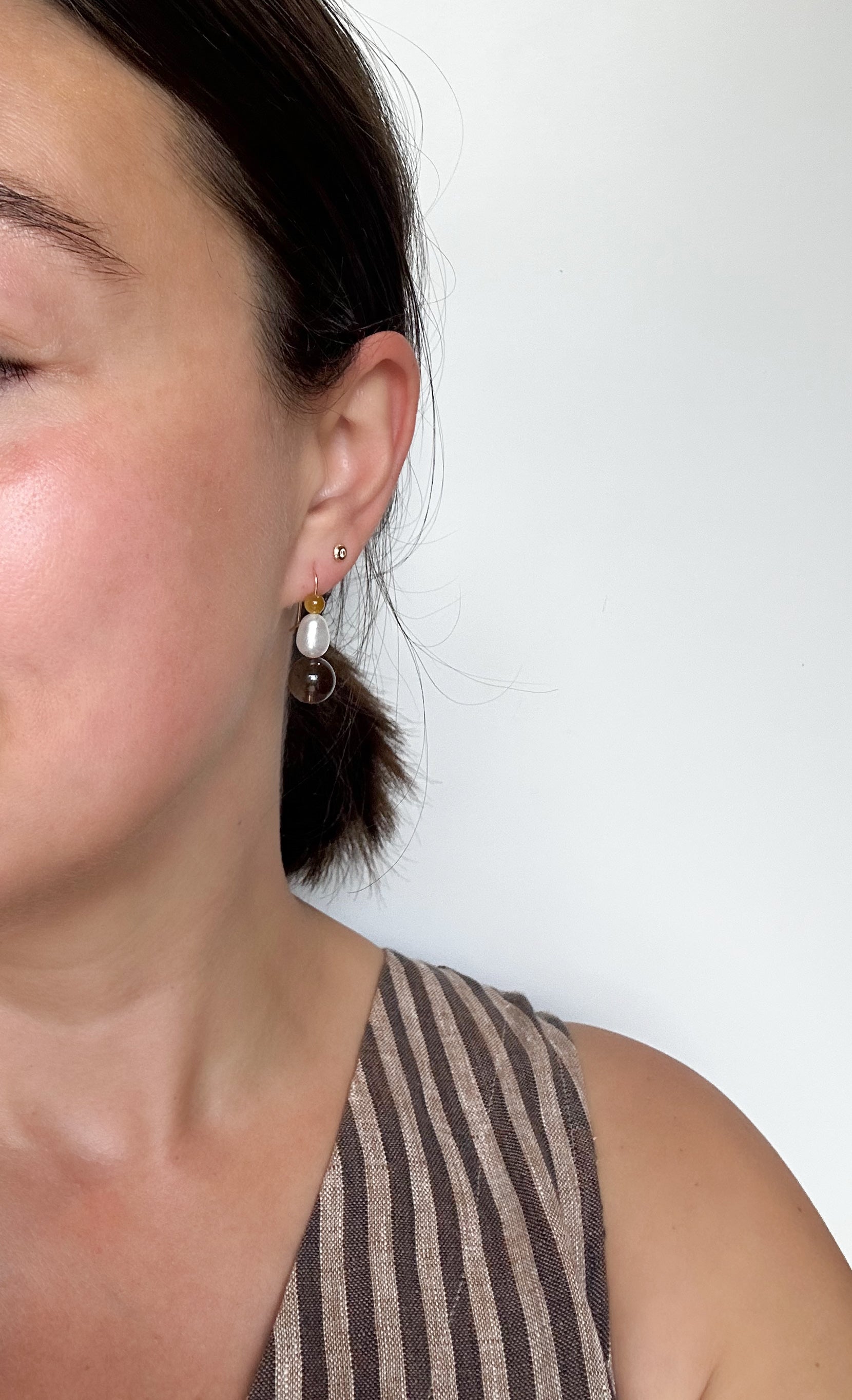 Dainty Smoky Quartz Earrings dangly 14k gold filled, dangle Quartz gemstone handmade jewelry for women gift for wife, mom, Sheena Marshall Jewelry, Freshwater Pearls, Tigers Eye