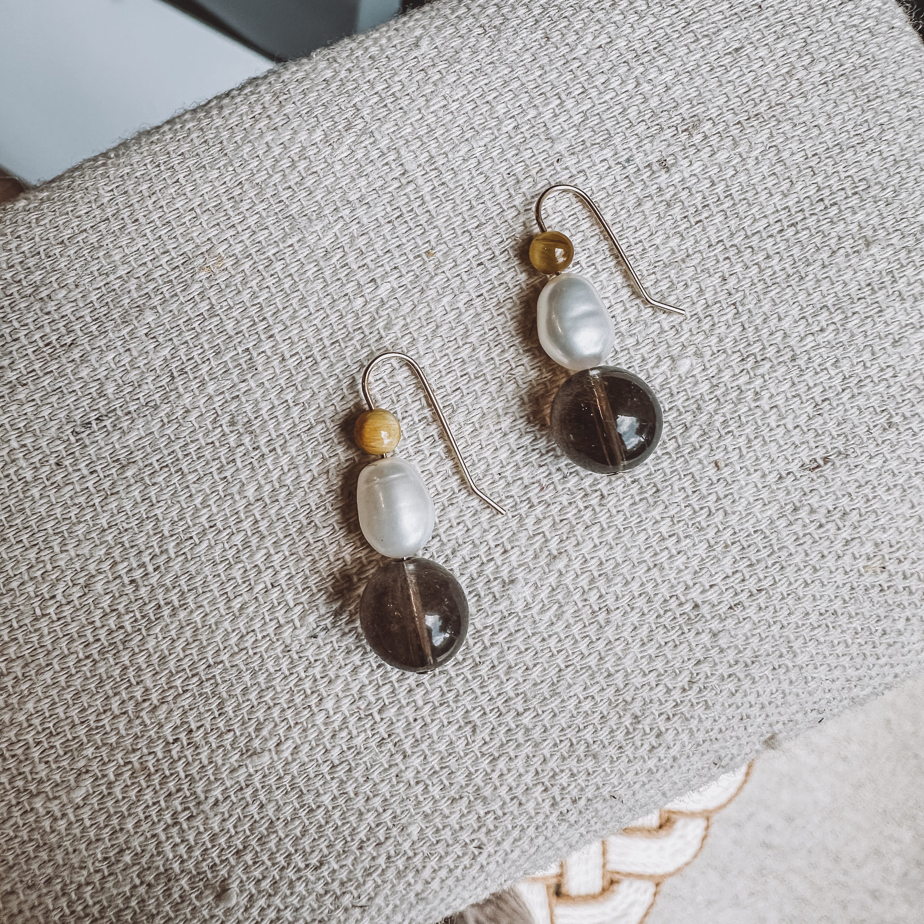 Dainty Smoky Quartz Earrings dangly 14k gold filled, dangle Quartz gemstone handmade jewelry for women gift for wife, mom, Sheena Marshall Jewelry, Freshwater Pearls, Tigers Eye