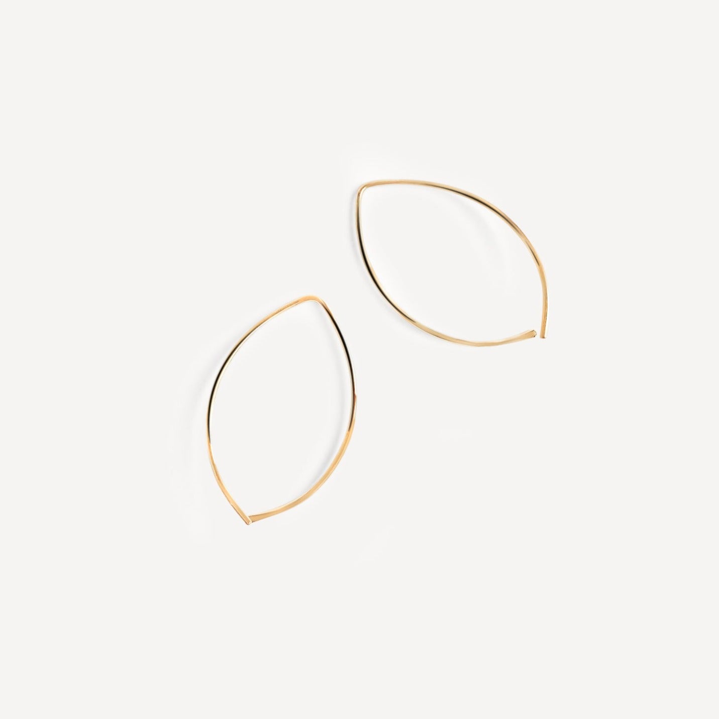 Arc open hoop threader earrings, long back open hoops, wishbone shaped hoop earrings, lightly hammered petal shaped hoops, lightweight hoops, Sheena Marshall Jewelry, Denver, Colorado