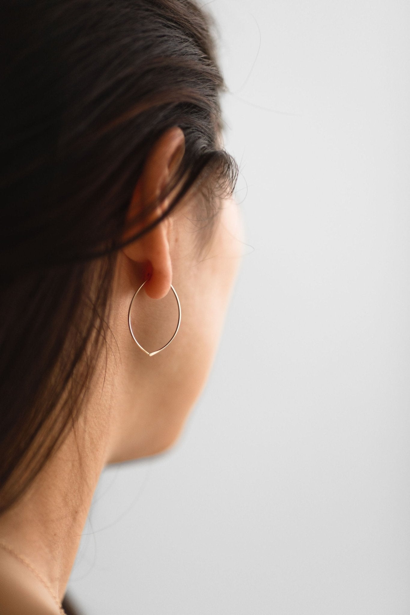 Arc open hoop threader earrings, long back open hoops, wishbone shaped hoop earrings, lightly hammered petal shaped hoops, lightweight hoops, Sheena Marshall Jewelry, Denver, Colorado