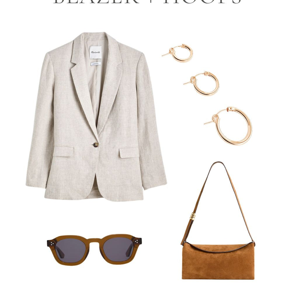 Outfit idea: linen blazer styled with solid gold hoop earrings in three sizes, cognac suede crossbody bag, and olive tortoise sunglasses. Minimalist spring outfit with handcrafted gold jewelry. Shop the look at sheenamarshall.com.