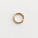 A thin gold ring with a double-band design, photographed from above on a clean, light off-white background.