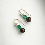 Green glass_Freshwater Pearls_smoky quartz gold fill earrings on linen background