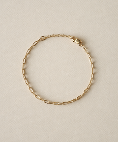 Paperclip gold fill chain bracelet on a beige background with one inch extender