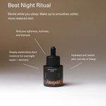 Skincare dropper bottle with text about a night ritual on a gradient background