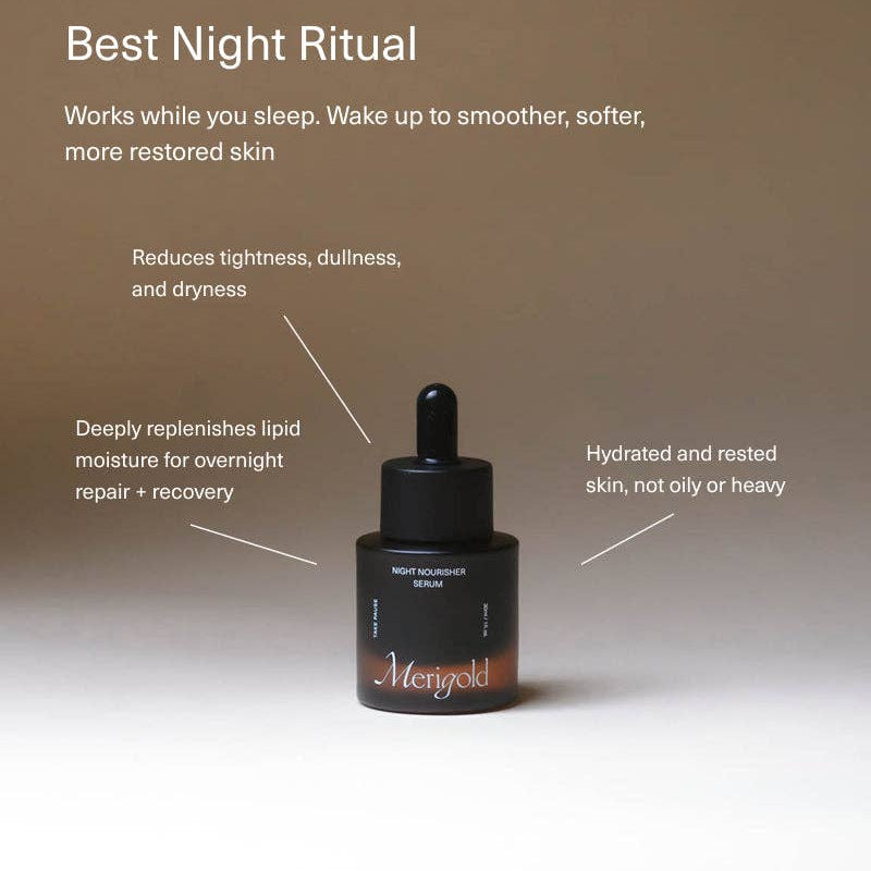 Skincare dropper bottle with text about a night ritual on a gradient background