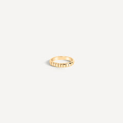 perfectly imperfect jewelry, non traditional fine jewelry notch band flatlay in solid recycled 14k gold