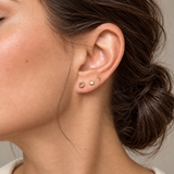 Open Circle Studs, solid gold worn on a model