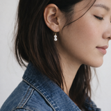 Pearl Drop Earrings, Gold Fill + Pearl worn on a model
