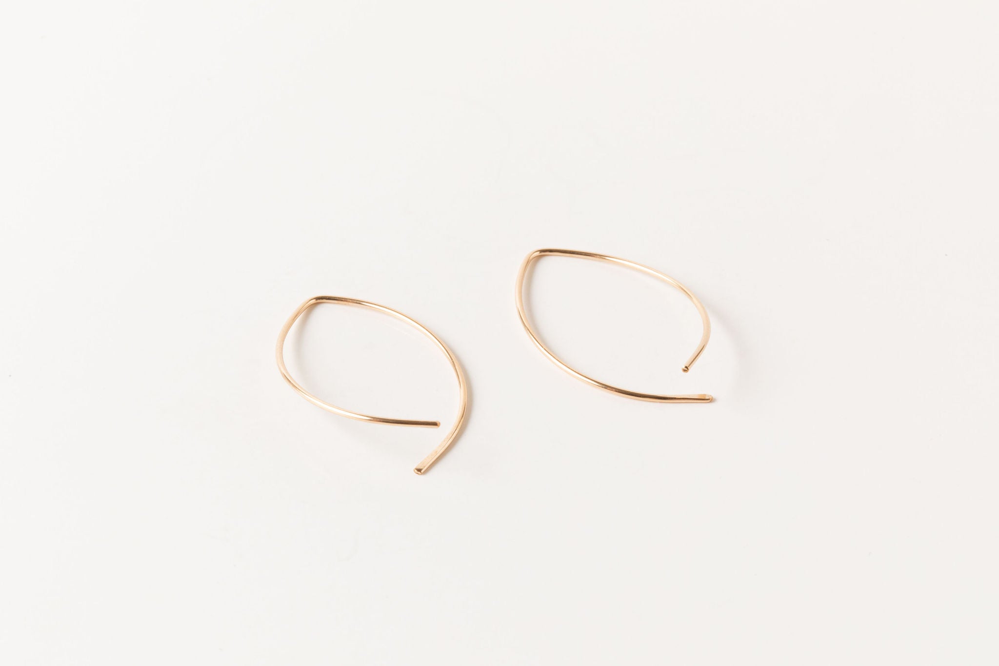 Arc open hoop threader earrings, long back open hoops, wishbone shaped hoop earrings, lightly hammered petal shaped hoops, lightweight hoops