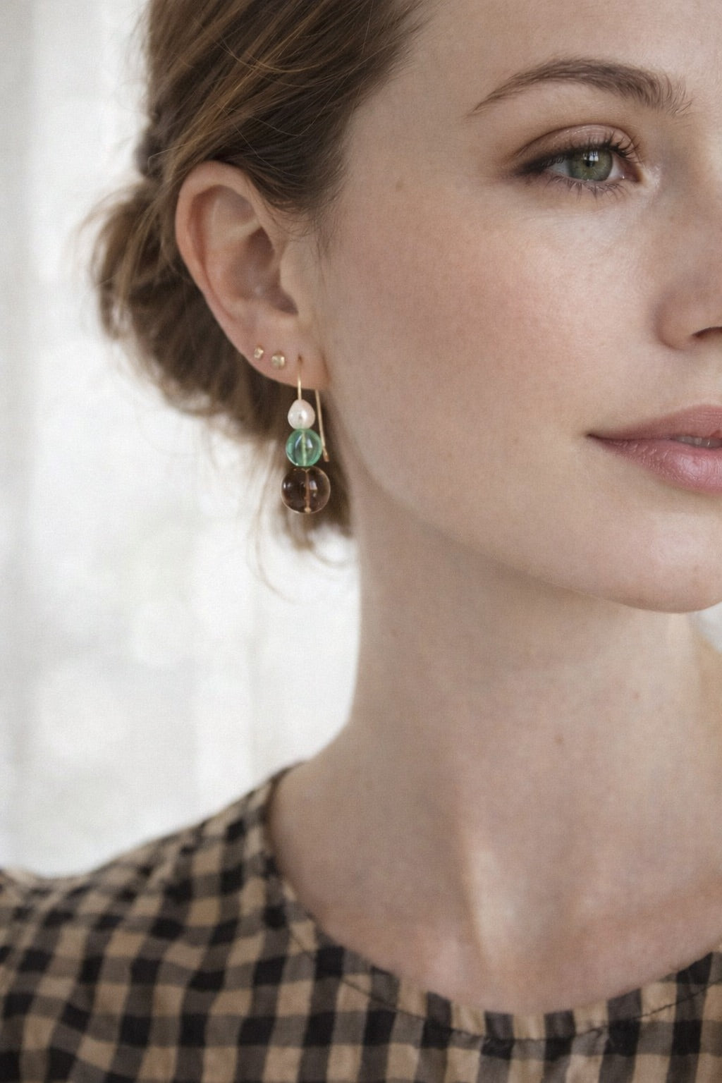 Sage_and_Pearl_Minimalist_Earrings_14k_gold_fill on model