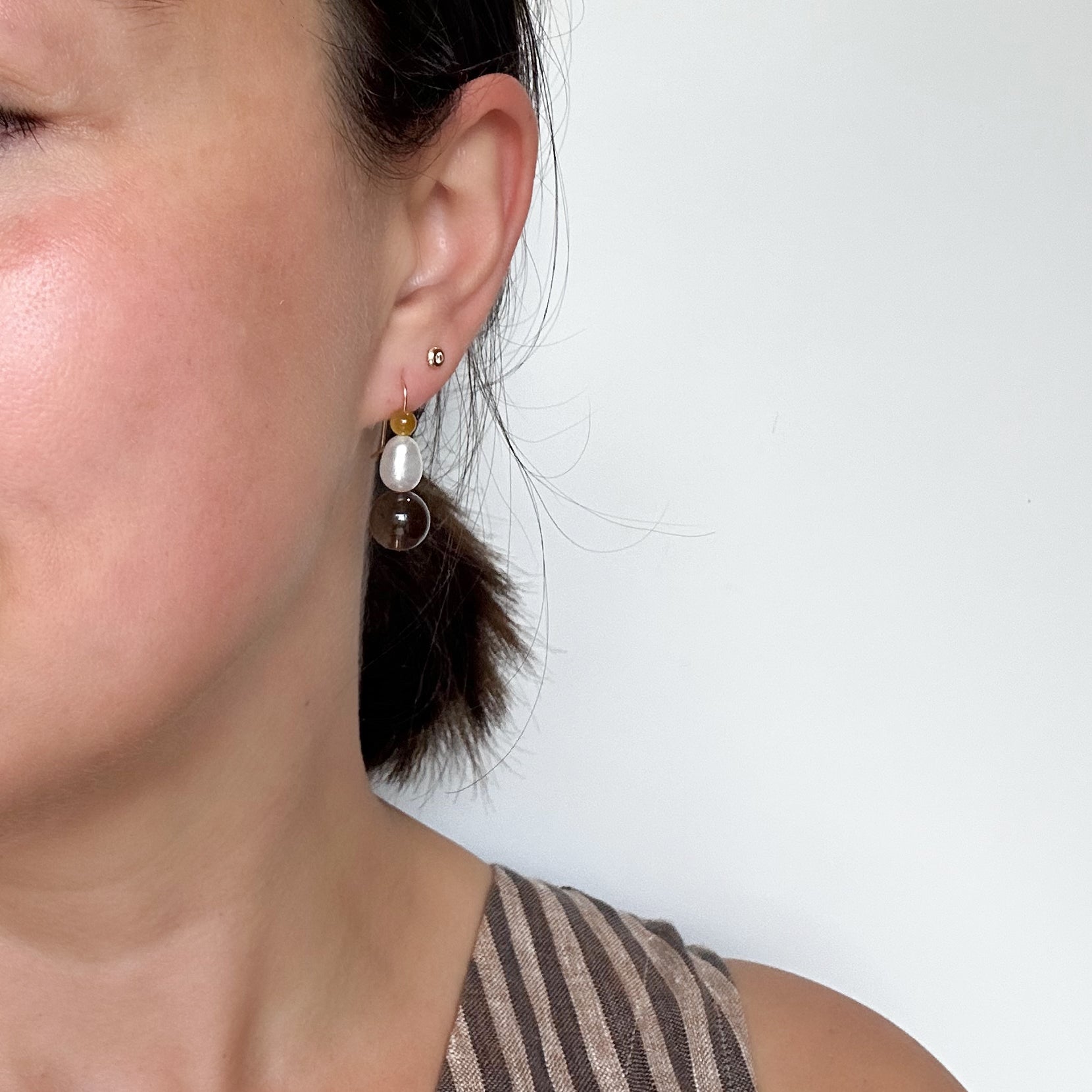Dainty Smoky Quartz Earrings dangly  14k gold filled, dangle Quartz gemstone handmade jewelry for women gift for wife, mom, Sheena Marshall Jewelry, Freshwater Pearls, Tigers Eye