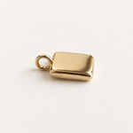 A small polished gold rectangular pendant charm with rounded corners and a loop at the top, photographed on a clean white background.