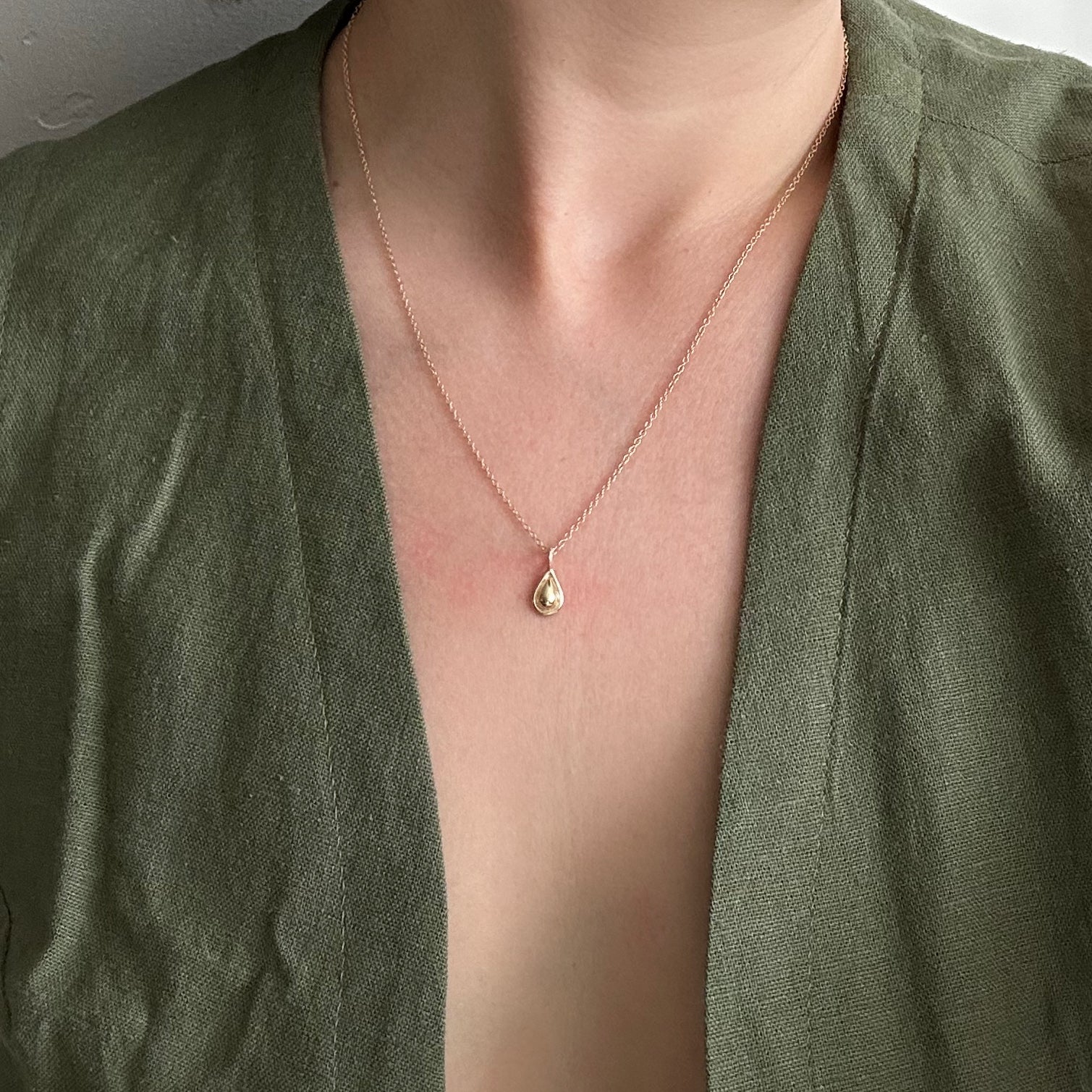 Teardrop Pendant gold charm necklace dainty cable chain solid 14k gold on model