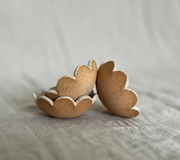 Cream Flower Ring Dish, Handmade — two dishes showing petal edges