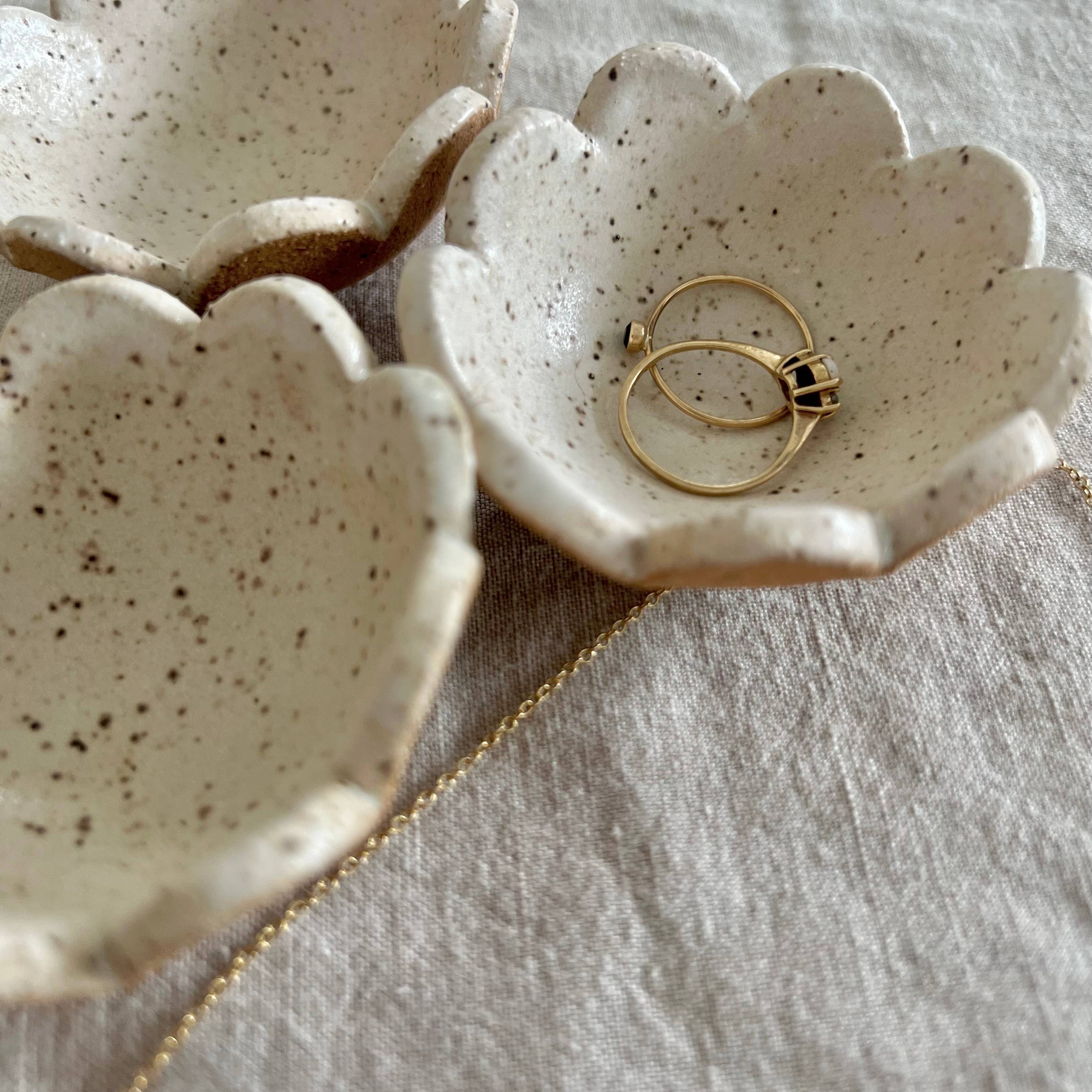 Cream Flower Ring Dish, Handmade holding rings beside another dish