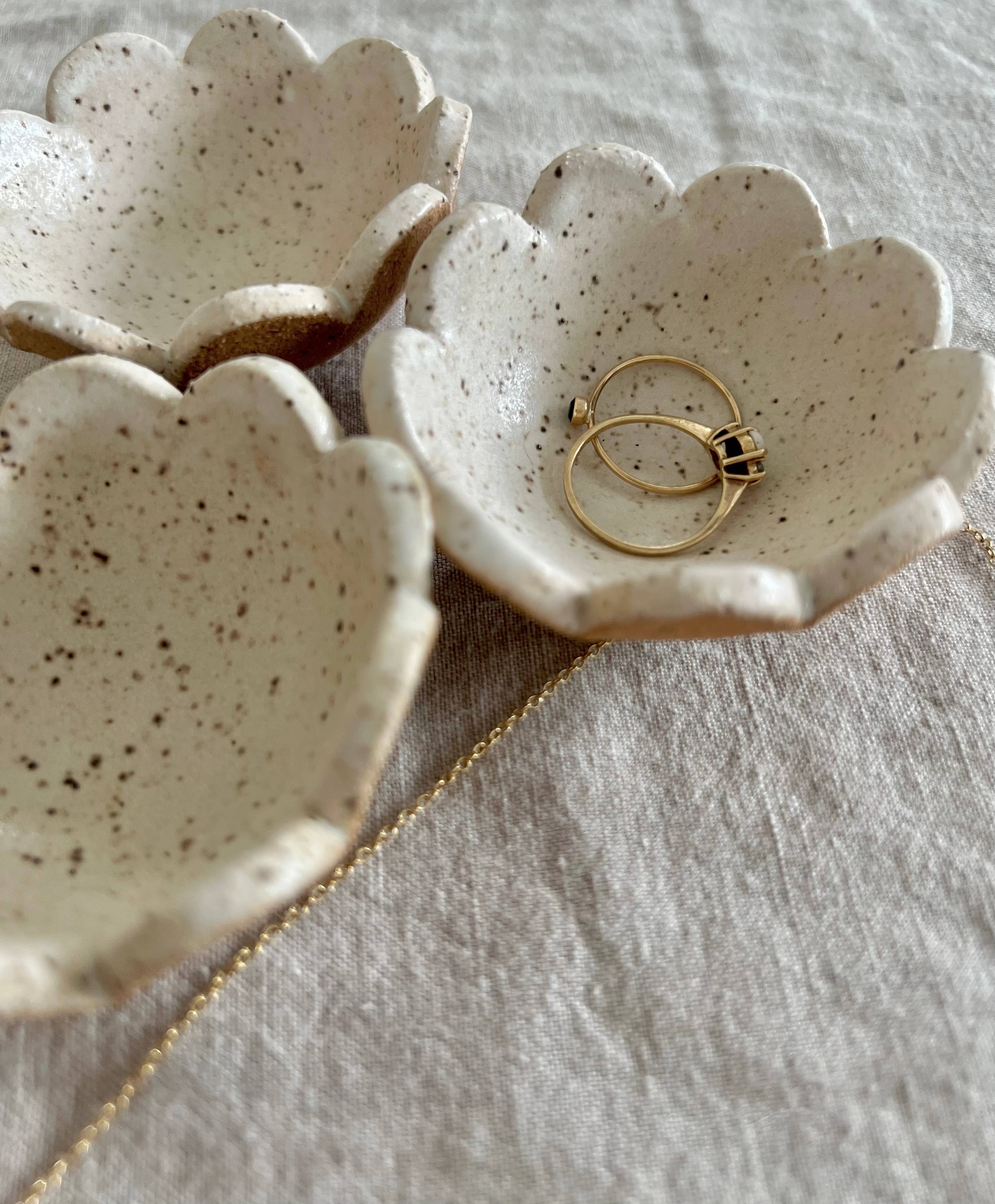 Cream Flower Ring Dish, Handmade holding rings beside another dish