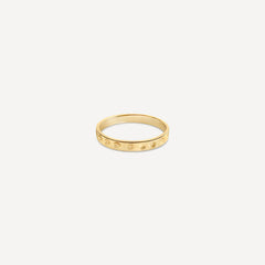 One-of-a-kind Dot Band ring in 14k solid recycled yellow gold by Sheena Marshall Jewelry, featuring a 3mm minimalist design with hand-engraved details."