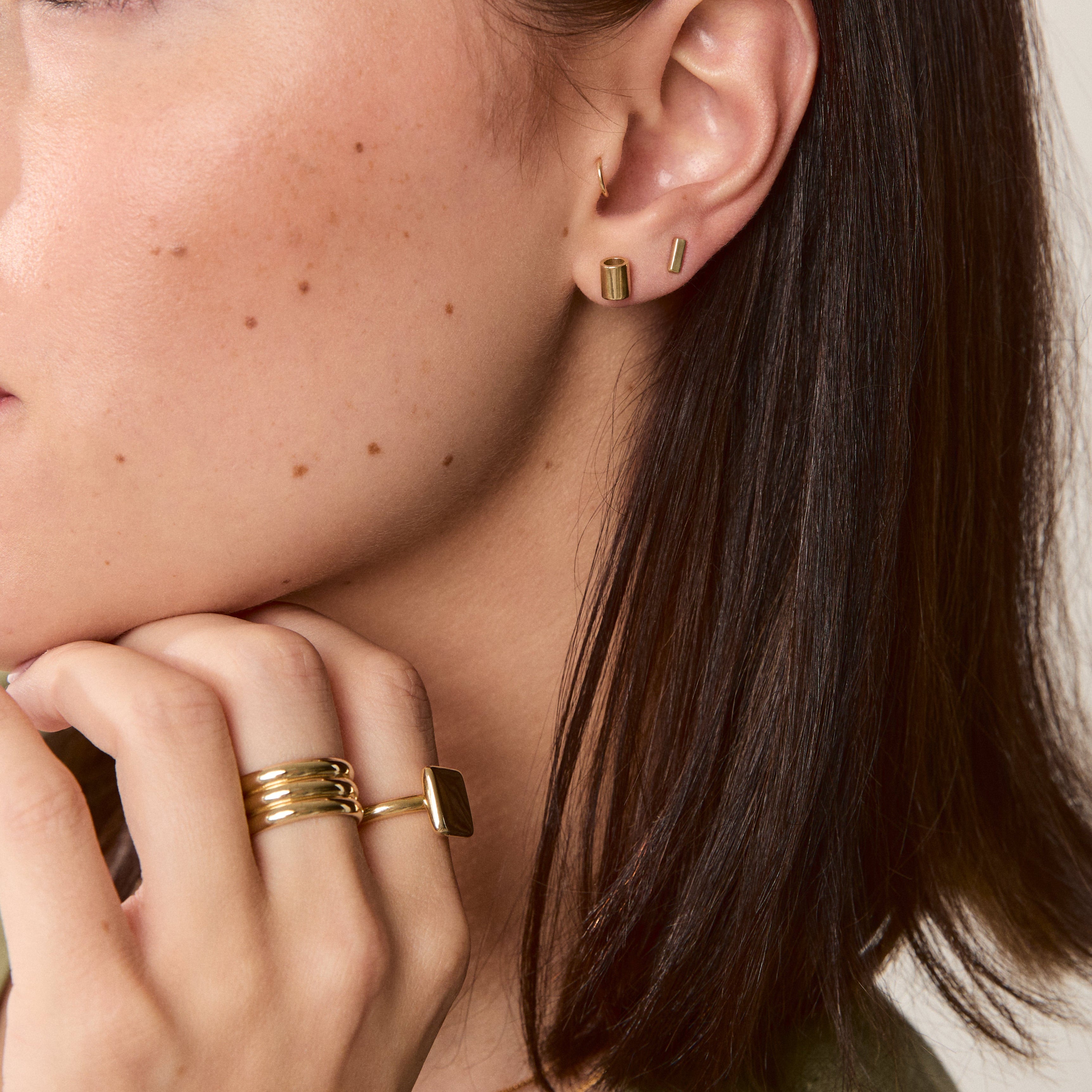 Forma Triple Band, 14k Solid Gold worn on a model