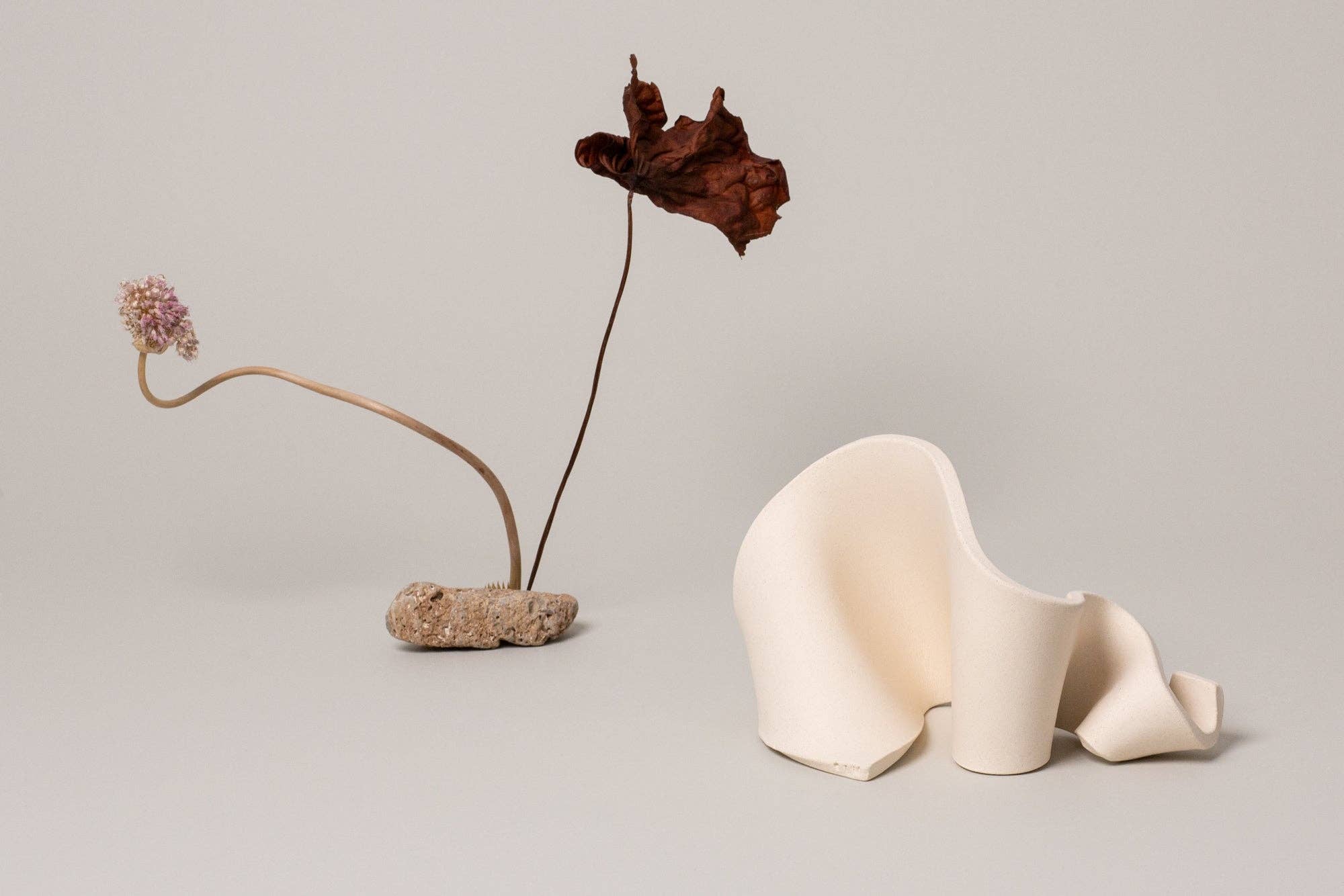 Furl Art Object, Bone displayed with a flower vase