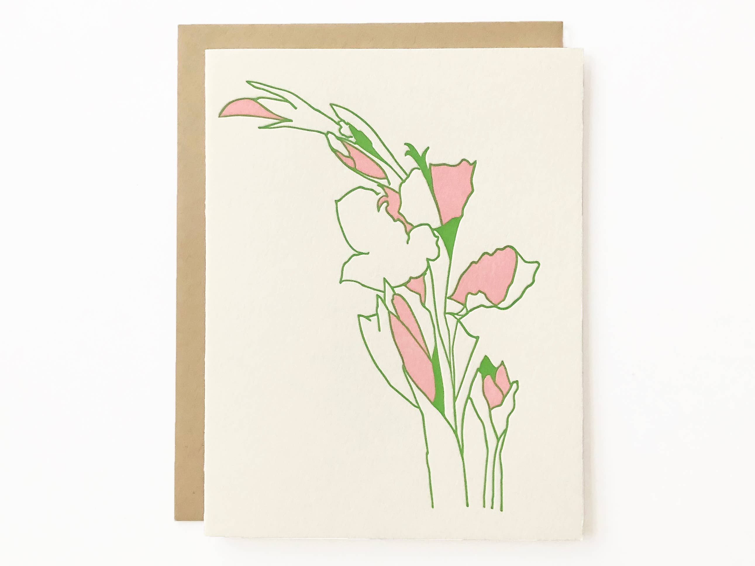 Gladiolas greeting card with pink flowers and a kraft envelope