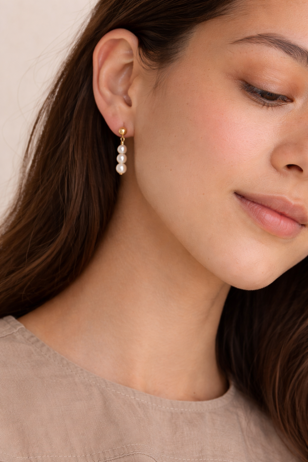 Pearl Trio Earrings, Gold Fill worn on a model