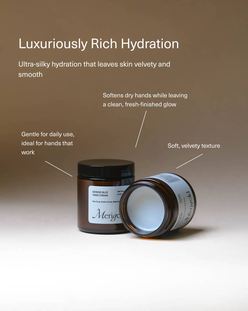 Serene Blue Hand Cream: Mini Jar 1 fl oz — open jar and product information