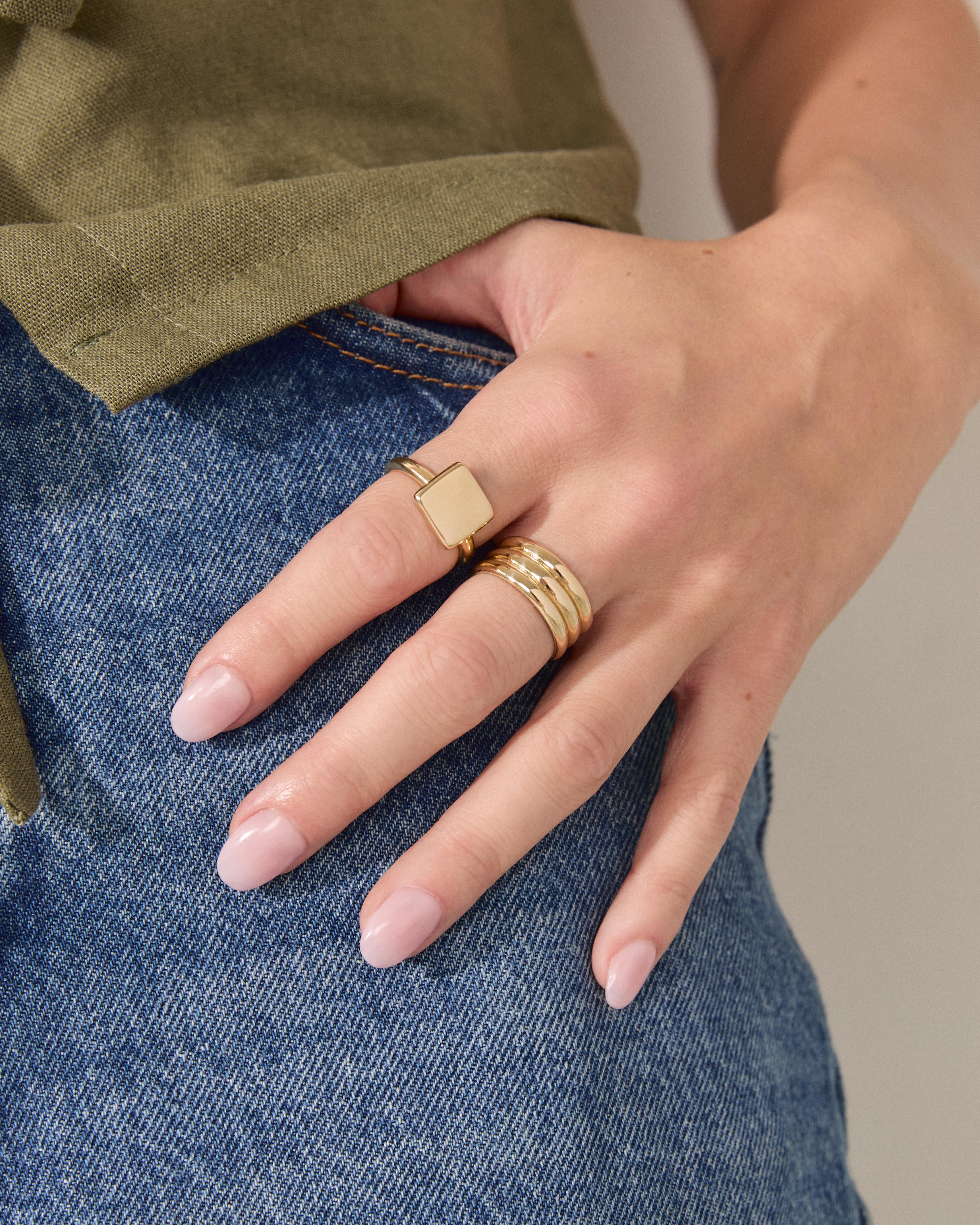 Square Signet Ring, Solid 14k Gold worn on a model