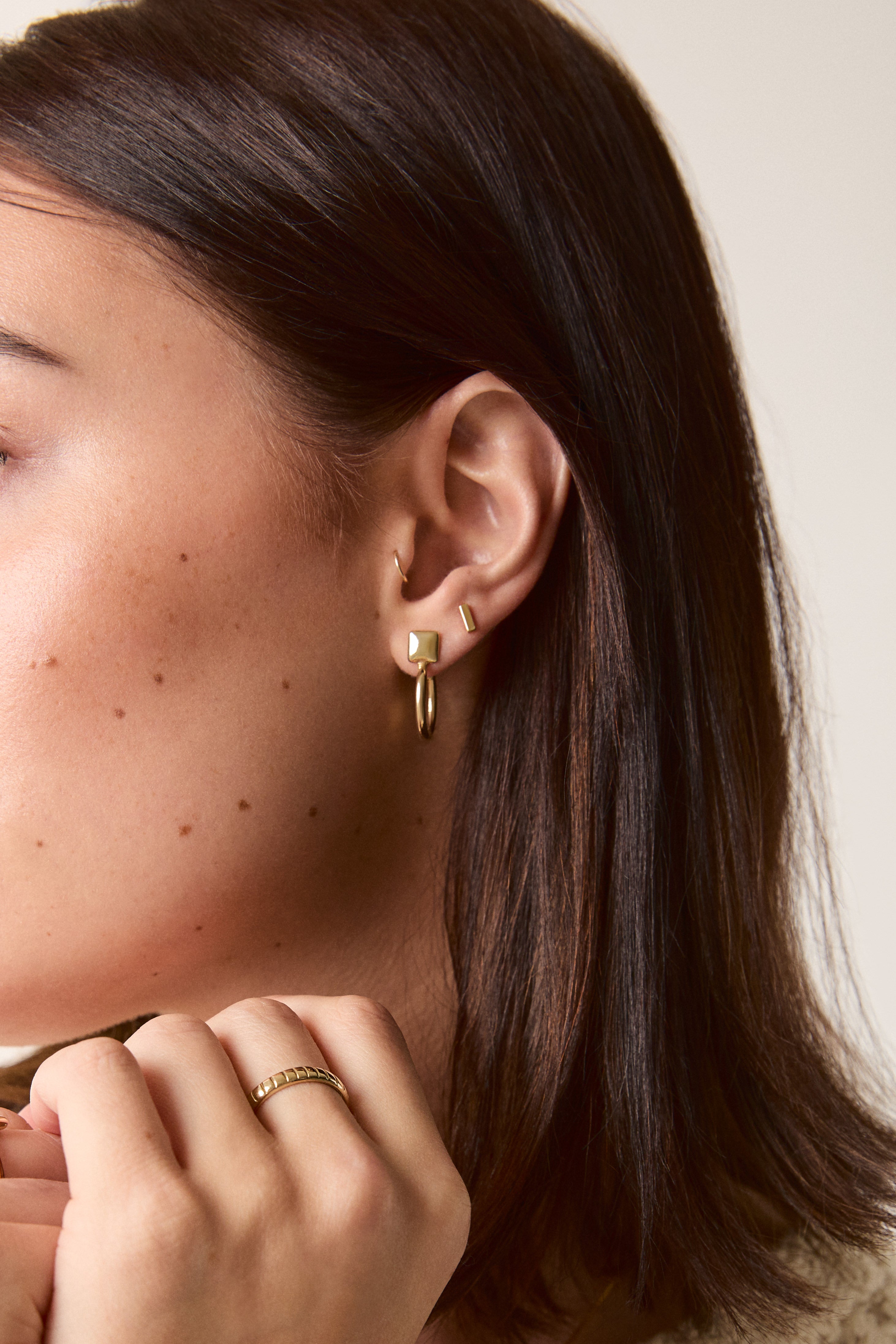 Square Forma Hoops, 14k Solid Gold worn on a model