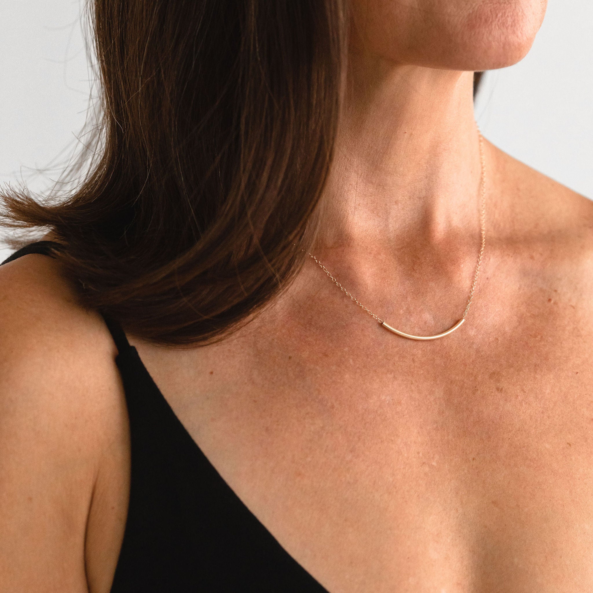 Sunset Bar Necklace, Gold Fill worn on a model