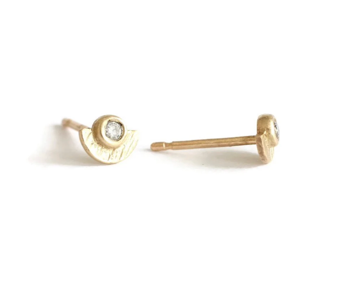 Sunshine Studs, Solid 14k Gold + Natural Diamonds — side view and earring post