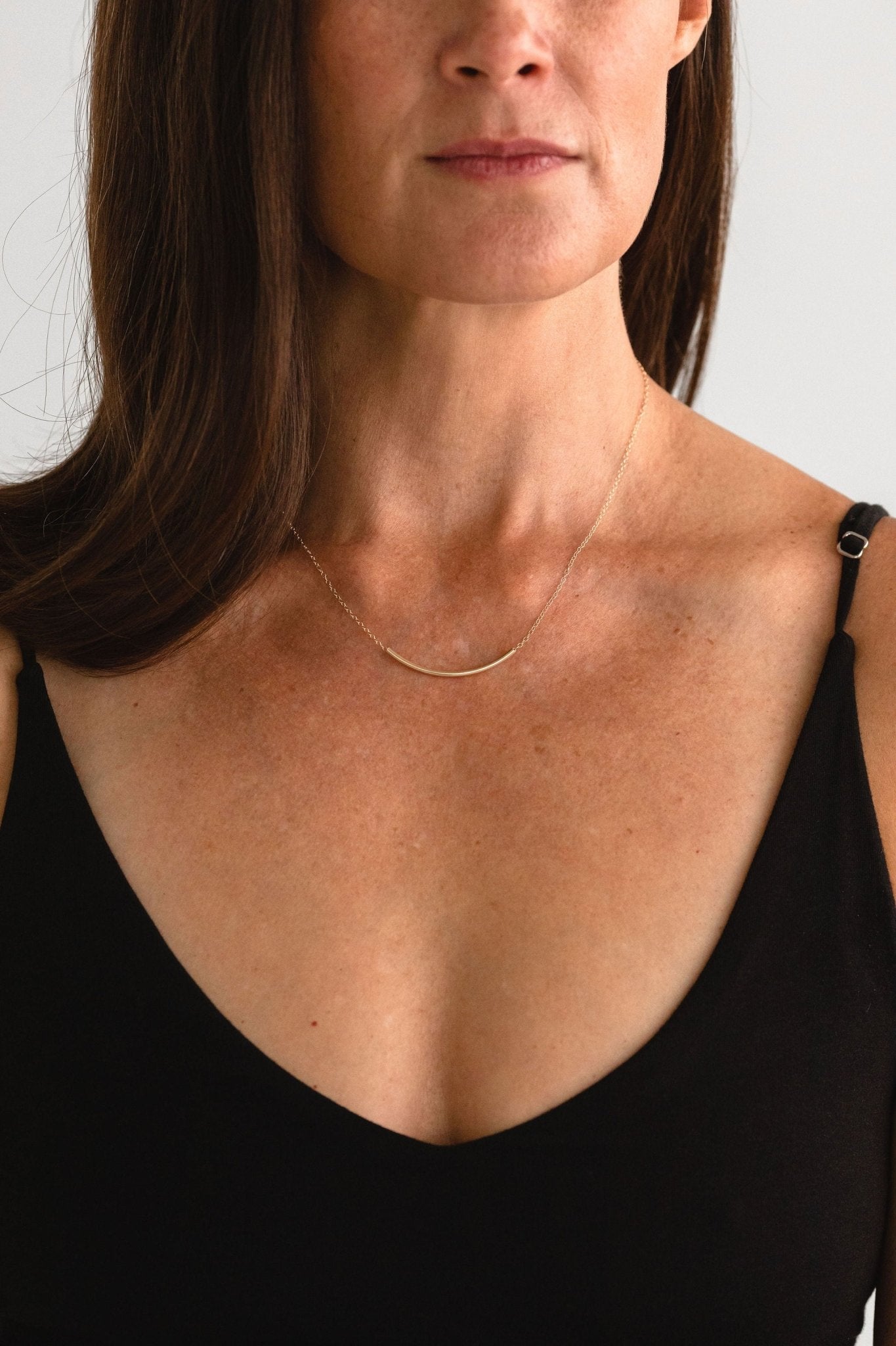Gold Fill Noodle Necklace, Minimal Gold Tube Necklace, Simple Gold Layering Necklace, Sliding Curved Bar on Delicate Gold Chain, Hollow Tube, Sheena Marshall Jewelry, Denver, Colorado