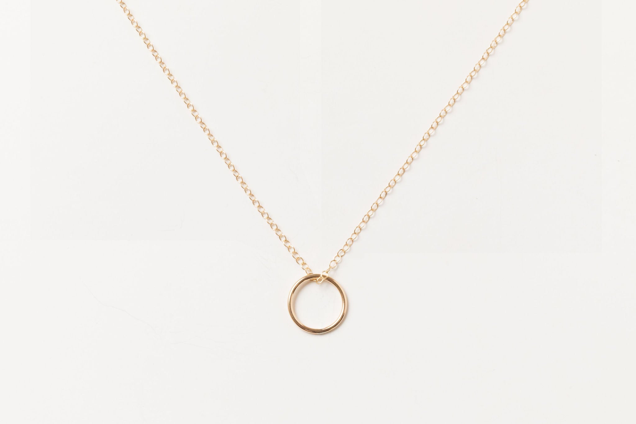 Flat lay of the Sol Circle Pendant Necklace in gold fill on a white background.