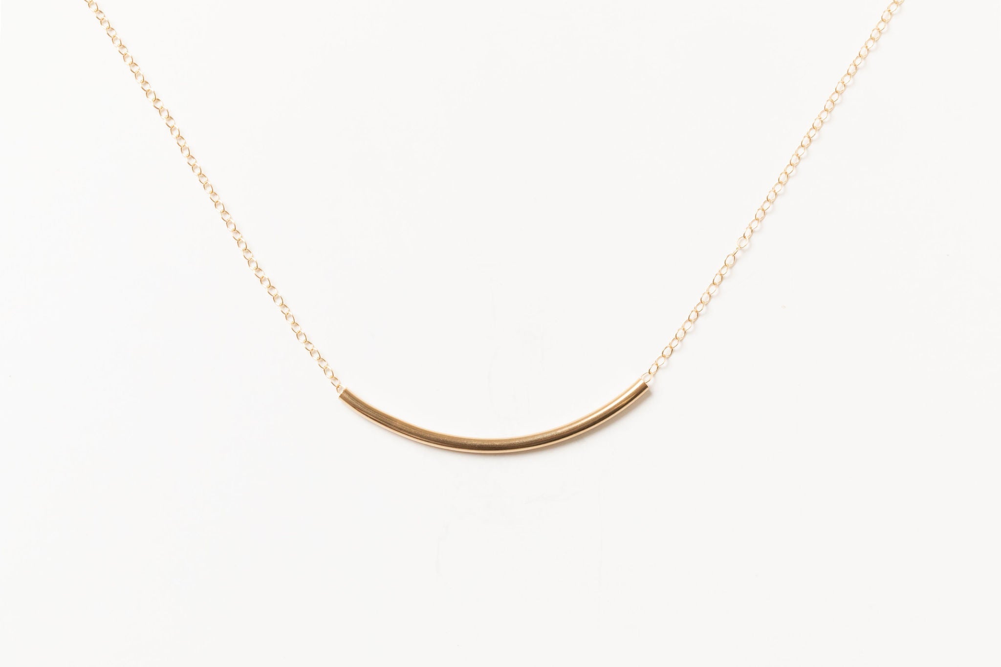 Gold Fill Noodle Necklace, Minimal Gold Tube Necklace, Simple Gold Layering Necklace, Sliding Curved Bar on Delicate Gold Chain, Hollow Tube, Sheena Marshall Jewelry, Denver, Colorado