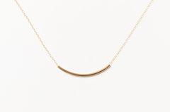 Gold Fill Noodle Necklace, Minimal Gold Tube Necklace, Simple Gold Layering Necklace, Sliding Curved Bar on Delicate Gold Chain, Hollow Tube, Sheena Marshall Jewelry, Denver, Colorado