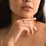 Woman wearing the Mirabelle Dot Band in gold fill on her finger.