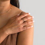 Woman wearing the Mirabelle Dot Band in gold fill on her finger.