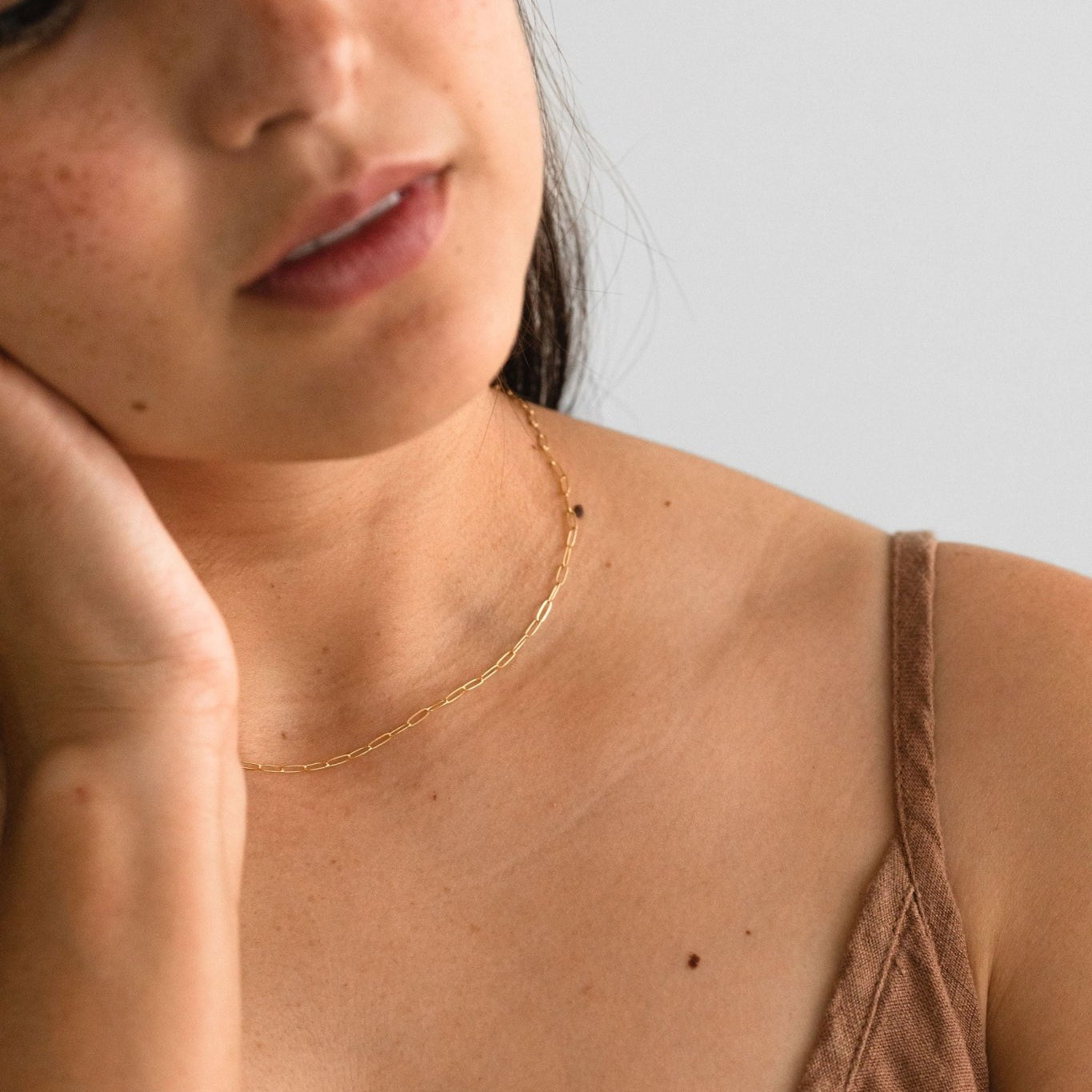 Nora Link Necklace in 14k gold fill, worn view, highlighting the casual elevated style.