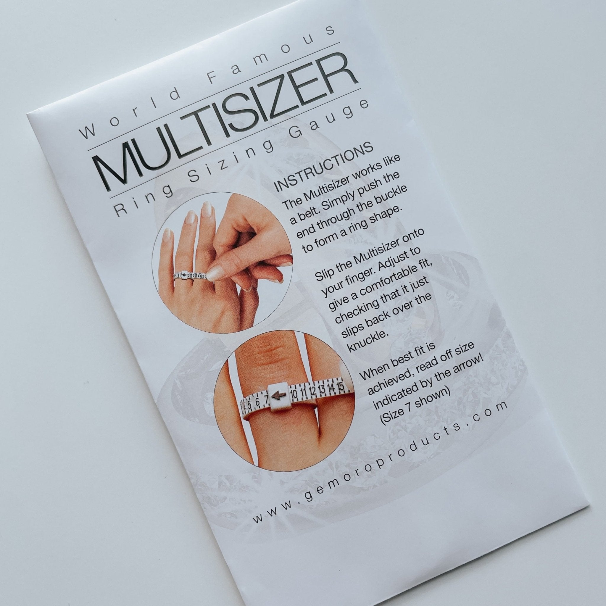 Packaging of multi-size adjustable Ring Sizer with instructions.