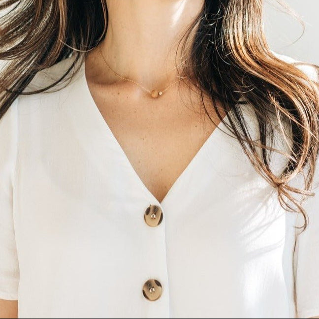 14k Gold Ball Necklace | Sphere Pendant | Cable Chain Necklace | Sandalwood Bead | Layering Necklace | Gift for Women | Sheena Marshall Jewelry | Denver | Colorado | Meaningful Gift | Personalized Jewelry